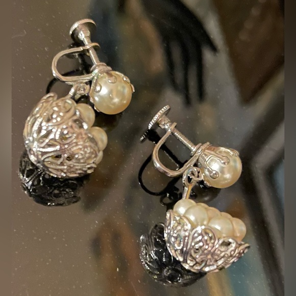 3 for $30 Vintage Silver Tone Filigree Basket Earrings with Faux Pearls - Picture 4 of 9